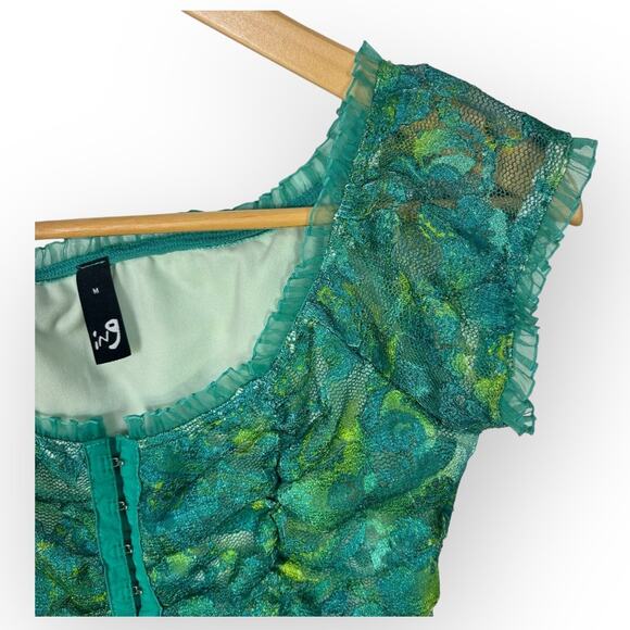 Vintage y2k Whimsigoth Fairygrunge Corset Top Medium Green Lace Fairy Coquette - Picture 9 of 13